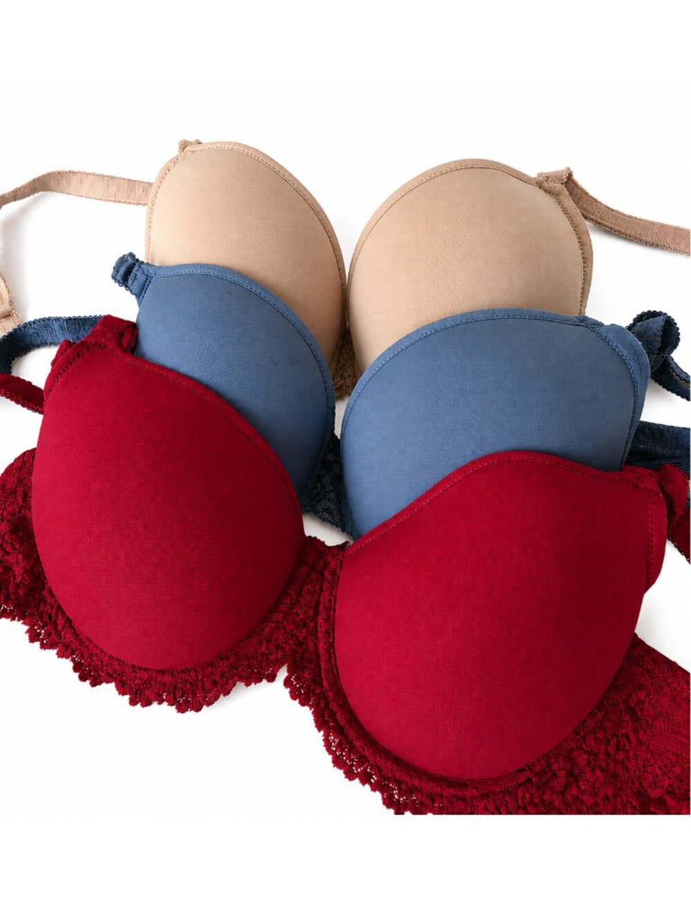 32DD Bra Set of 3 Wacoal EMBRACE 853191 Contour Cups T-Shirt Nude Red Blue Lace